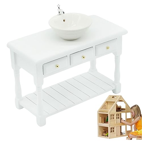 Mesa de lavado para casa de muñecas con fregadero cuadrado blanco mueble miniatura 1:12