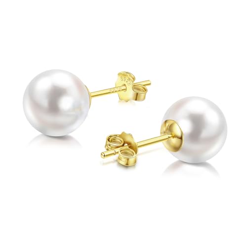 Women's 925 Sterling Silver, Plated 14K (White) Gold Pearl Earrings 8mm Shaped Button or Sphere