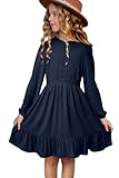 blibean Girl Fall Long Sleeve Dress Kid Fashion Boho Ruffle Neck Smocked Dresses Semi Formal Party Swing Dresses Solid Casual Trendy Dressy Clothes Navy Blue Size 6-7 Six Seven Year Old
