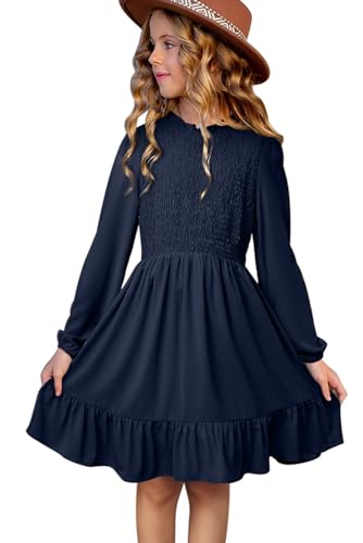blibean Girl Fall Long Sleeve Dress Kid Fashion Boho Ruffle Neck Smocked Dresses Semi Formal Party Swing Dresses Solid Casual Trendy Dressy Clothes Navy Blue Size 6-7 Six Seven Year Old