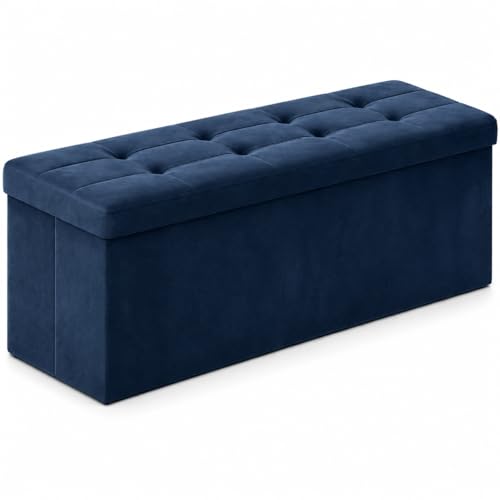 Image of ALASDO 43 Inch Folding Storage Ottoman Bench with Hidden Storage, Velvet Storage Ottoman Foot Rest Stool, End of Bed Bench for Bedroom, Living Room, Entryway and Closet, Navy Blue