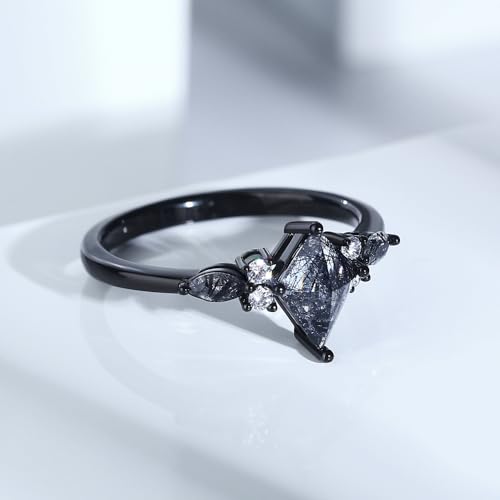 Black Rutilated Quartz Bridal Wedding Ring Sets - Personalized Engraved Engagement Rings for Women Gothic Kite Cut Promise for Her Wife Fiancée4