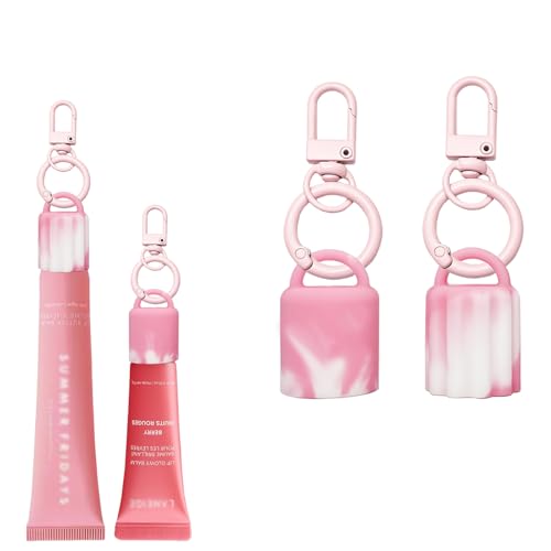 Nevfal Keychain Holder for Lip Gloss Summer Fridays Lip Balm Holder Portable Holder Lipgloss Case with Keyring for lip Keychain Cap Pink & White 2PCS