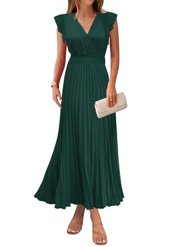 Image of KIRUNDO Women's Summer Maxi Dresses Elegant V Neck Ruffle Flutter Sleeves Empire Waist Pleated Flowy Wedding Guest Dress