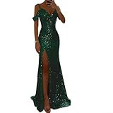 HEBEOT Robe Femme Dos Nu à Paillettes avec Décolleté en V Maxi Sans Manches Élégante pour Soirée de Mariage et Occasions Formelles Noir Or Vert Rouge Rose (M Vert)