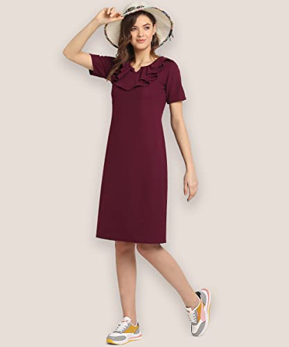 Image of OOMPH! Women's Western & Fusion wear Above Knee /Mid Thigh Length Sheath Red Dress in Lycra Blend Fabric with V Neck and Short Sleeve