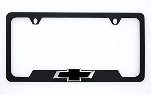 Chevy Metal License Plate Frame Tag Holder with 3D Bowtie Emblem - Black Powder Coated