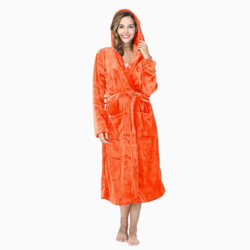 Image of RONGTAI Womens Robes Plush Fleece Hooded Bathrobe Thick Nightgown with Pockets Fluffy Sleepwear