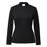 Womens Church Clergy Shirt Spring/Autumn Long Sleeve Slim Blouse with Tab Collar Black