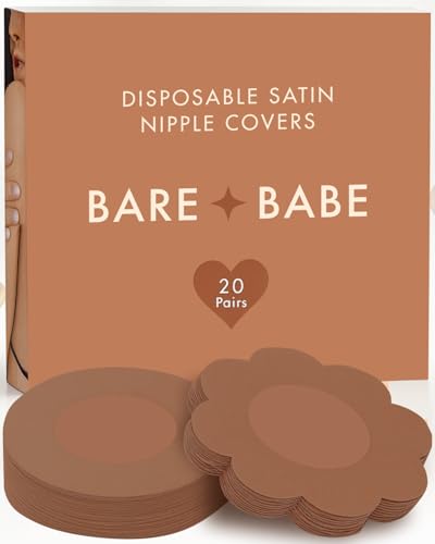Bare Babe Disposable Satin Nipple Covers - 40 Pieces Waterproof Pasties 4 Shades - Sticky Breast Stickers for Strapless Dress (Caramel, Regular (Fits A-H))