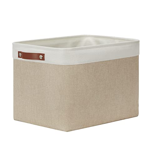 Image of DULLEMELO Storage Baskets Large 16 inchx12 inchx12 inch Tall Rectangular Baskets Fabric Storage Bins for Organizing [1 Pack] Collapsible Linen Shelf Baskets for Clothes, Toys, Closet, Laundry (White&Khaki)