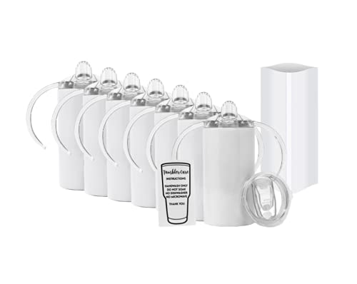 SUBconscious Blanks 7 Pack 12 oz Sublimation White Straight Skinny Sippy Cup Tumbler with Screw On Lid, Sublimation Sippy Cups for Heat Transfer DIY, Sublimation Blanks, Shrink Wrap