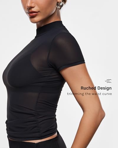 INLYRIC Women's Cosnufy Mesh Sheer Short Sleeve Shirts See Through Mock Neck Ruched Summer Going Out Tops Sexy Tees3