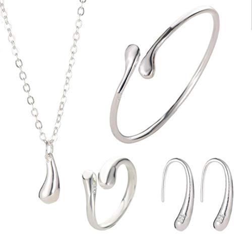 4PCS 925 Sterling Silver Jewelry Set for Women Teardrop Pendant Necklace Earrings Bracelet Ring Fit with Party Meeting Dating Wedding Daily Birthday Love Gift4