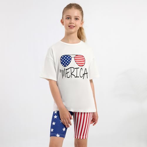 Image of Weixinbuy Girls 4th of July Outfit 2 Piece Short Sleeve Oversized T-Shirt and Biker Shorts Kids Fashion Summer Colothes Set