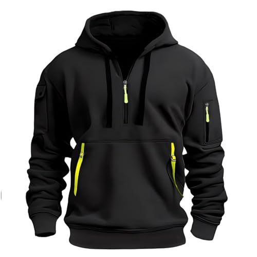 LBL Men's Hoodies Casual Pullover Hooded Sweatshirt Long Sleeve Quarter Zip Hoody Tops With Kangaroo Pocket APH055 Black XL