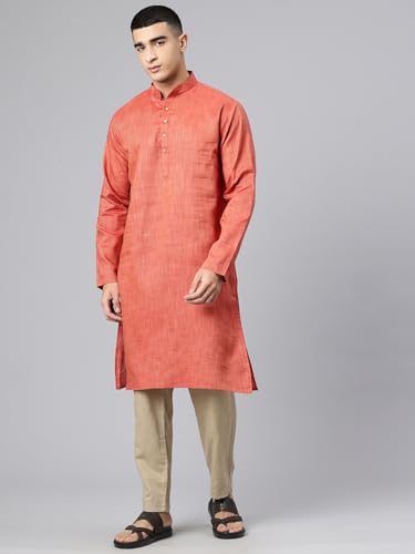 Image of Majestic Man Men's Cotton Regular Fit Traditional Mandarin Collar Ethnic Motifs Solid Long Kurta