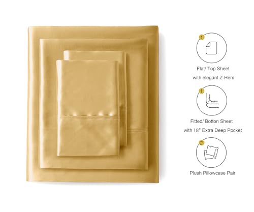 Image of Lanest Housing Silk Satin Sheets, Full Size Satin Bed Sheet Set with Deep Pockets, Cooling Soft and Hypoallergenic Satin Sheets Full - Yellow