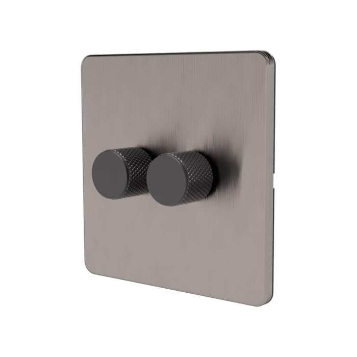 LED Dimmer Switch [Metal Knob/Metal faceplate] 2-way Rotary Push On/Off for Dimmable LED and Halogen Lights, minimum brightness adjustable - Brushed Chrome/Grey 2-Gang