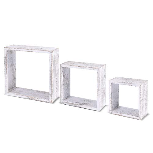 Flexzion Wood Square Shelves, Wall Mounted Floating Display Shelves, Natural Wooden Finish Decorative Home Furniture Box Cube for Kitchen, Bathroom, Living Room, Set of 3, Weathered White