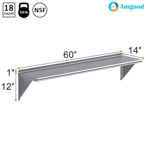 Image of AmGood 60 inch Long X 14 inch Deep Stainless Steel Wall Shelf | NSF Certified | Appliance & Equipment Metal Shelving | Kitchen, Restaurant, Garage, Laundry, Utility Room