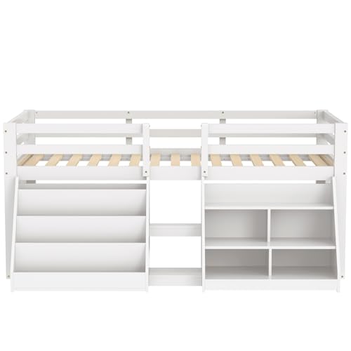 Kinderbett Halbhochbett 90x200 mit LED Beleuchtung, Einzelbett mit Treppe & Aufbewahrungsschrank, Stauraumbett Holzbett Funktionsbett Jugendbett mit Rausfallschutz & Lattenrost, Weiß, ohne Matratze