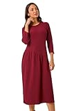 Roman Textured A-Line Stretch Midi Dress for Women UK - Ladies Autumn Everyday Winter Holiday Round Neckline Comfy 3/4 Sleeve Soft Jersey Frock Warm Cozy Gowns - Wine - Size 20
