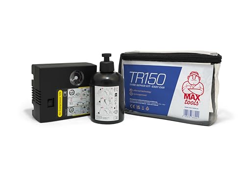 MAXTOOLS TR150, Kit Fácil de Reparación de Neumáticos de Coche, También Apto para Motos y Vehículos Comerciales Pequeños, Incluye Potente Compresor de Aire de 12V