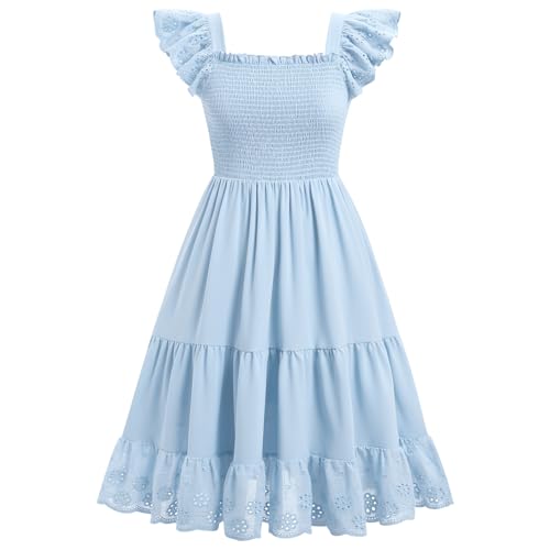 AWIBMK Mommy and Me Dress Boho Summer Casual Holiday Mother Daughter Matching Ruffle Sleeve A-line Tiered Smocked Dress3