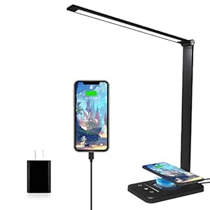 Lampe de Bureau LED avec Chargeur sans Fil, Lampes de Bureau Dimmable 10 Niveaux de Luminosité 5 Modes de Couleur, Lampe de chevet Avec Port USB et Fonction Minuterie, Flexible Contrôle Tactile