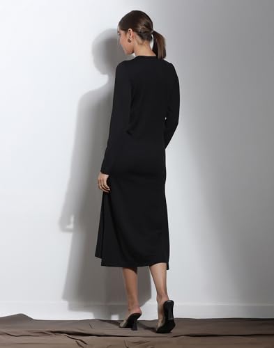 Image of Selvia Women's Black Ribbed Lycra Ruched Side Long Sleeve Dress