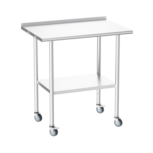 Atelicf All-Stainless Steel Prep Table, 30 x 36 Inch, with Rounded-Corner Backsplash, Casters and Adjustable Undershelf, Heavy-Duty Build for Outdoor Use, Restaurants, Kitchens, Gardens, and Garages