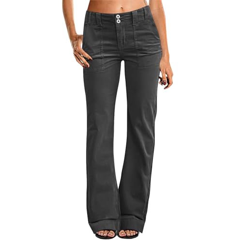 Twill Jeans for Women Straight Leg Button Low Rise Pull on Cargo Pants Baggy Casual Lightweight Flared Jeans w/Pocket