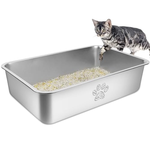 PTLOM Lettiera per gatti in acciaio inossidabile, grande lettiera per gatti in metallo, antispruzzo, inodore e antiaderente, adatta per grandi e piccoli, conigli, zampa di Tabby, 60x40x15cm