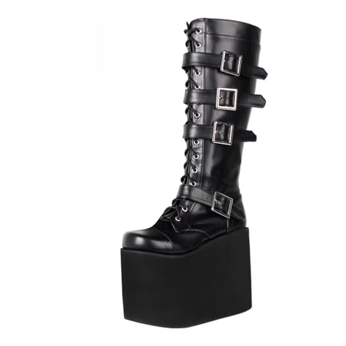 Milooey shoes Women's Thick Platform High Heeled Knee High Boots Round Toe Lace up Multi Buckles Strap Side Zipper Stylish Tall Boots Shoes Size 4-16 US4