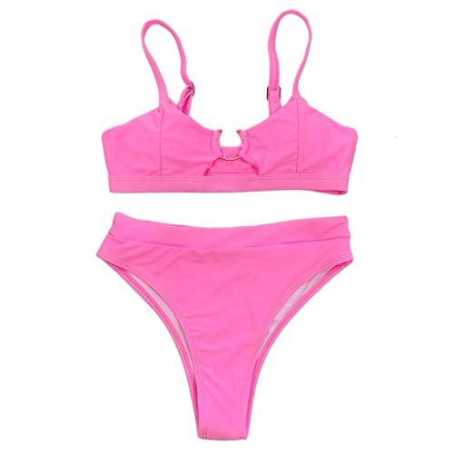 PimeO Women Sexy Bikini Set Metal Ring Swimsuit Leopard Snakeskin Beachwear - Pink# S