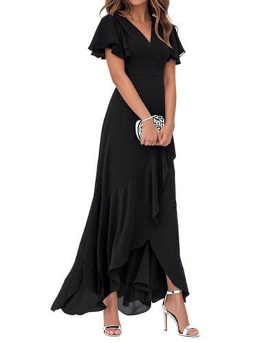 Minetom Robe De Soirée pour Mariage Invité Longue Femme Col V Mousseline A Line Manches Courtes Plissé Fendue Fluide A Noir XXL