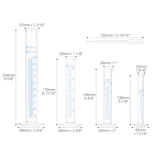 QWORK Measuring Cylinder Set - Graduated Polypropylene Cylinders with Droppers, 100 ml, 50 ml, 25 ml,10 ml Sizes, for Laboratory