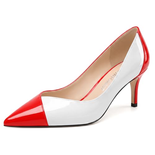 SHOWFOREST Red White Womens Pumps, Pointed Closed Toe Stiletto Heels, Slip on Patent Leather Dress Shoes, Comfortable 2.5 Inch Heels for Wedding & Party Size 8