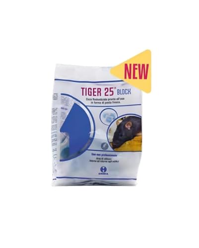 Orma Tiger 25 Block – Rodenticida in Blocchi Paraffinati – A Base di Brodifacoum – Efficace Contro Topi e Ratti – Uso Interno ed Esterno – 1 Confezione