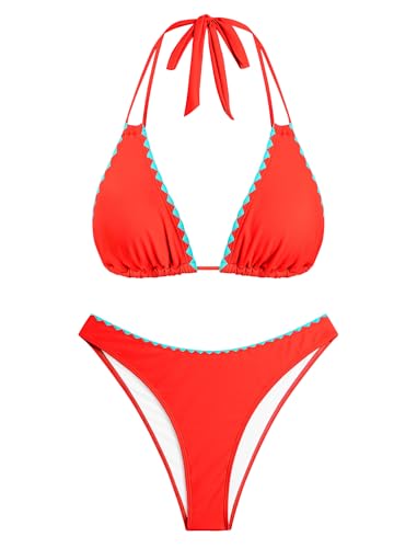 Image of ZAFUL Women Halter Dual Straps Whip Stitch Floral Triangle Bikini Swimsuits