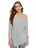 SheIn Women's Long Sleeve Tshirt Off Shoulder Tee Asymmetrical Hem T-Shirt Top Solid Grey Large