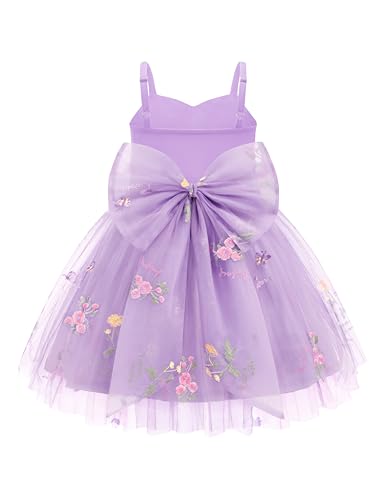 Arshiner Toddler Girls Tulle Dress Bowknot Tutu Birthday Princess Embroidery Purple Floral Dresses Formal Photoshoot Outfit Summer Clothes 4-5Years