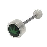 BodyJewelryOnline Clear UV Acrylic Flat Head Beads Logo Weed Pot Leaf Tongue Ring 14G Surgical Steel 5/8' Straight Tongue Barbell Piercing Jewelry 15mm