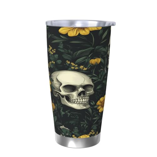YPPAHHHH Skull Sunflower 20 Oz Tumbler With Lid, Flower Leaves Steel Insulated Coffee Mug Travel Cup Water Bottle For Birthday Gifts, Hot And Cold Drinks