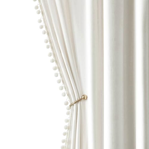 MIULEE Pure White Pom Pom Velvet Blackout Curtains, W52 x L96, Set of 2