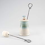 Georgetown Pottery Handmade Cape Cod Firelighter Ivory and Blue Oribe Firepot with Iron and Soapstone Fire Starter Wand for Fireplace, woodstove, firepit