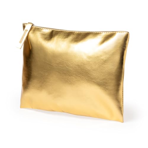 Kulturbeutel aus Kunstleder für Damen, Metallic-Finish, mit Reißverschluss und Griff, Kosmetiktasche für Reisen, Golden, groß