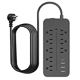12-in-1 Surge Protector Power Strip with 8 AC Outlets, 3 USB Ports & USB-C, 4ft Extension Cord | Flat Plug Space-Saving Design for Home Office Desk and Entertainment Center