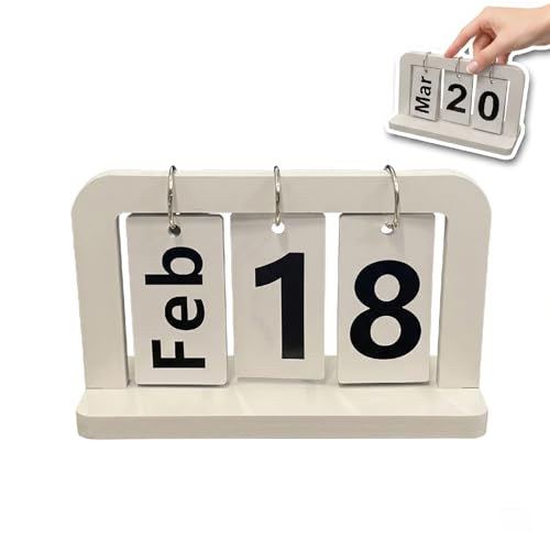 Perpetual Flip Calendar - Small Office Desk Calendar, Reusable Ring Date Tracker - White Wood